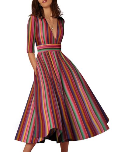 Multicolor Stripe Sexy Deep V-Neck Plus Size Maxi Dress