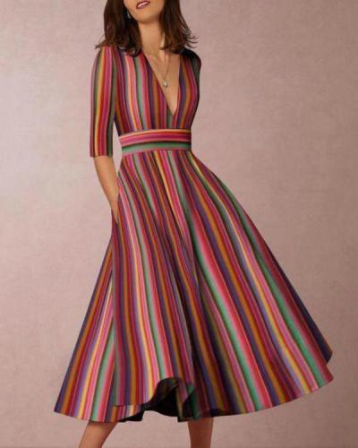 Multicolor Stripe Sexy Deep V-Neck Plus Size Maxi Dress