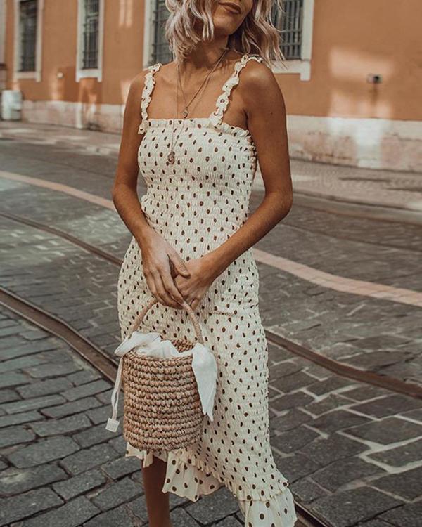 Polka Dot Ruched Shirred Midi Dress with Frill Hem and Straps