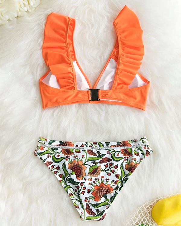 Ruffled Orange Bikini With Floral Bottom
