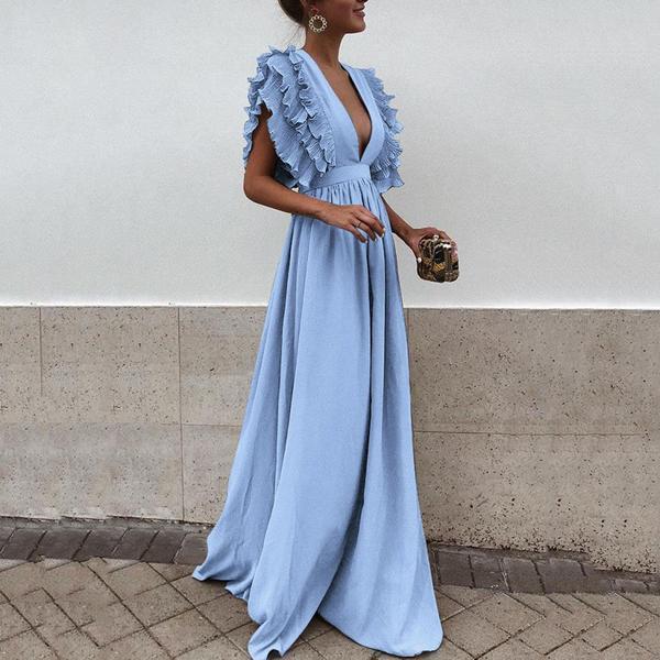 Sexy Gray V Neck Short Sleeves Maxi Dress