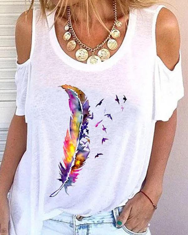Feather Print Long Sleeve Casual Shirts & Tops