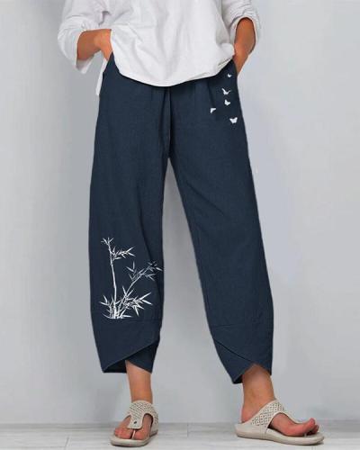 Bamboo And Butterflies Print Elastic Waist Pants For Women