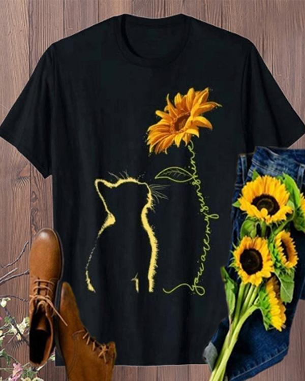 Vintage Cat And Sunflower Printed Plus Size Short Sleeve Casual Tops Shirts