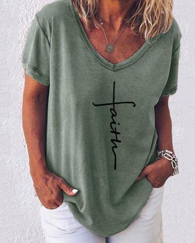 Print V-Neckline Short Sleeve Casual T-shirts
