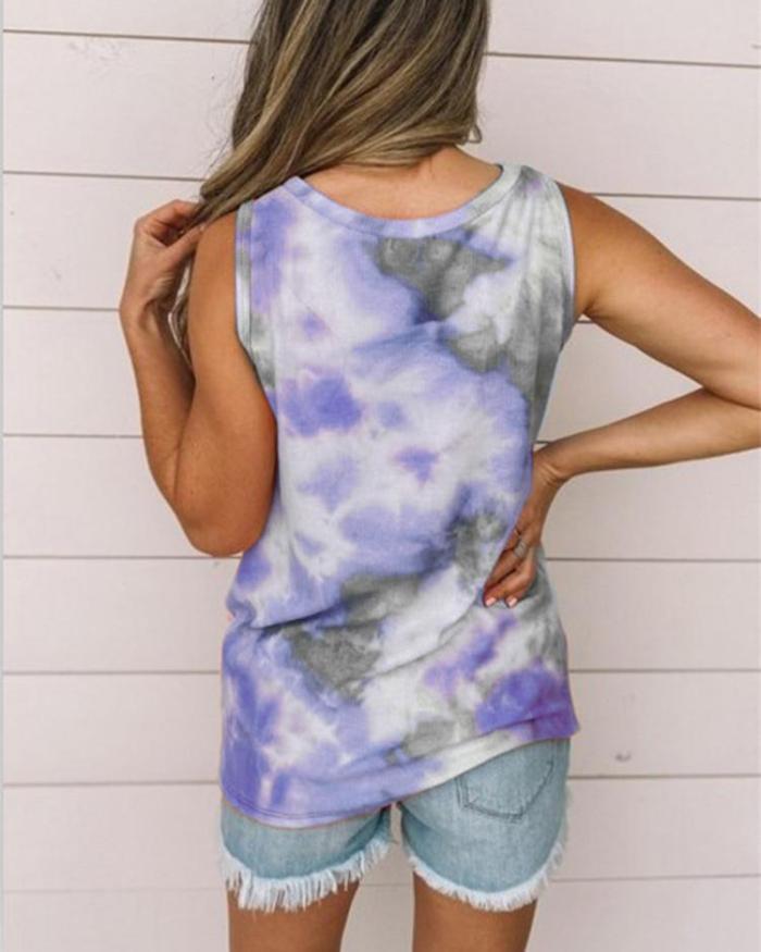 Women's Round Neck Tie-dye Knotted Printed Vest T-shirt