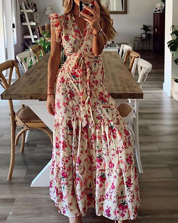 Print/Floral Short Sleeves A-line Casual/Vacation Maxi Dresses