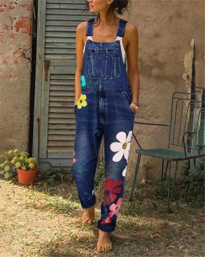 Sleeveless Denim Floral Floral-Print One-Pieces Jumpsuits
