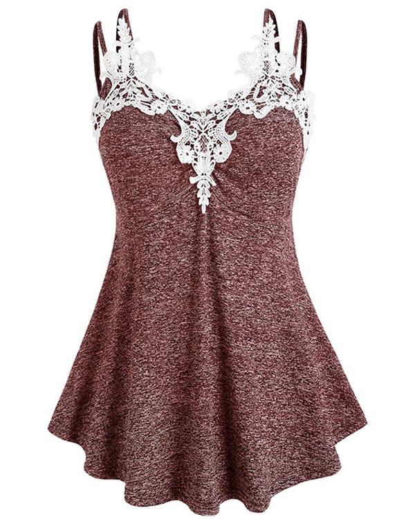 Solid Lace V-Neck Sleeveless Casual Tank Tops
