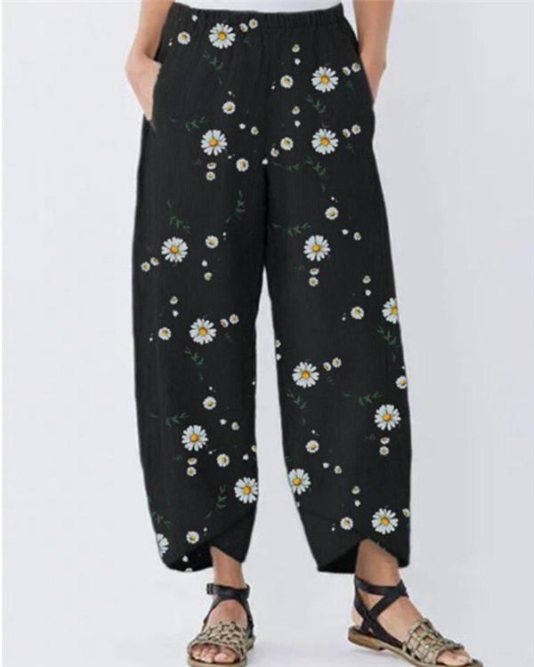 Floral Printed  Loose Cotton and Linen Casual Pants