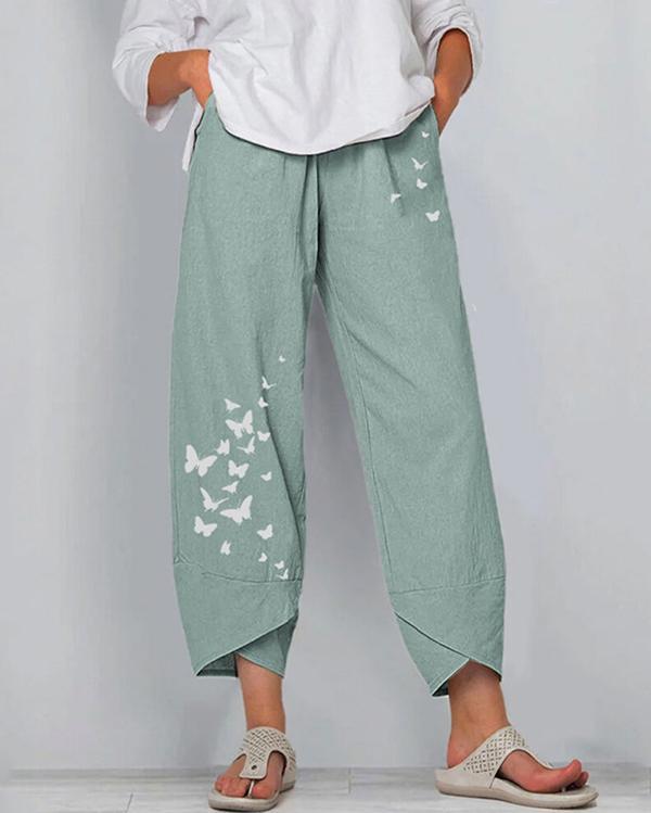 Women Linen Shift Casual Printed Floral Pants