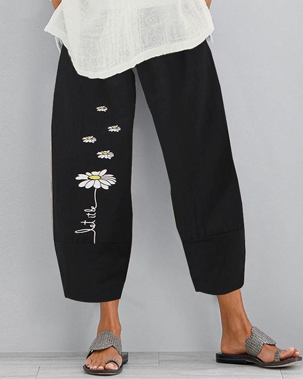 Vintage Daisy Printed Plus Size Women Casual Pants