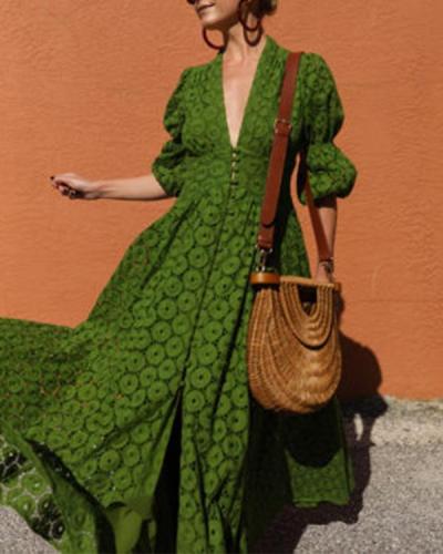 Solid Color Lace 3/4 Sleeve Deep V Maxi Dress For Women