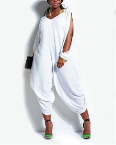 Solid V-collar Polychromatic Jumpsuit