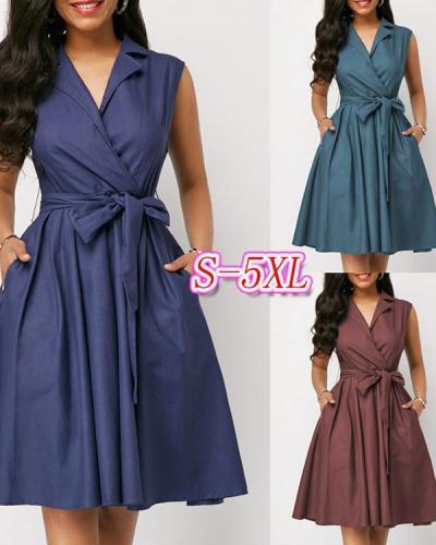 Sleeveless Solid Color Lapel Tie A-Line Dress