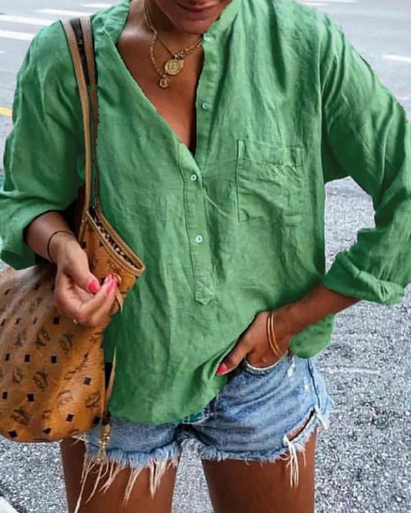 Solid Pockets Long Sleeve Blouses