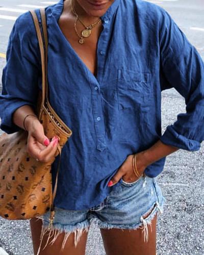 Solid Pockets Long Sleeve Blouses