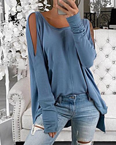 Solid Cold Shoulder Long Sleeves Casual T-shirts