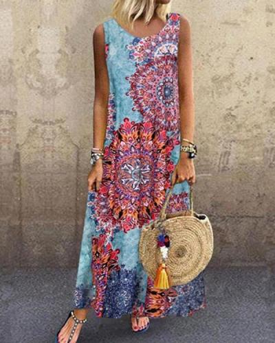 Sleeveless Color-block Floral Print Holiday Maxi Dress