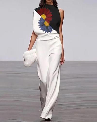 Women's Modern Sleeveless Flower Patchwork  Loose Jumpsuit