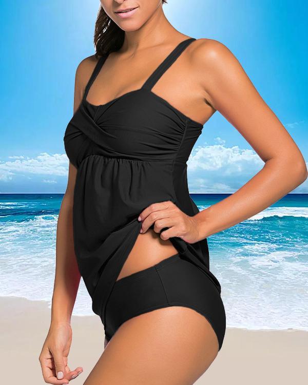 Solid Color Triangle Strap Fashionable Plus Size Tankinis Swimsuits