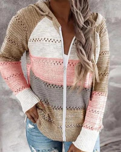 Contrast Color Knitted Zipper Lightweight Hoodie Cardigan