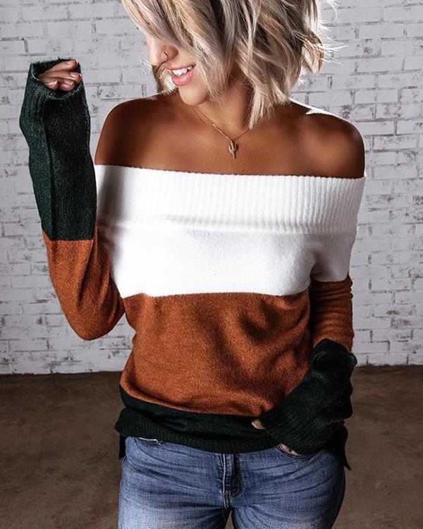 Fashion Off Shoulder Color Stitching Long Sleeve Sweater