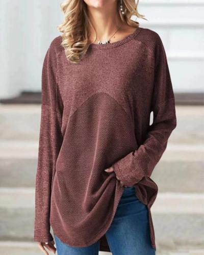 Color-Block Round Neck Cotton Casual Tops Blouses