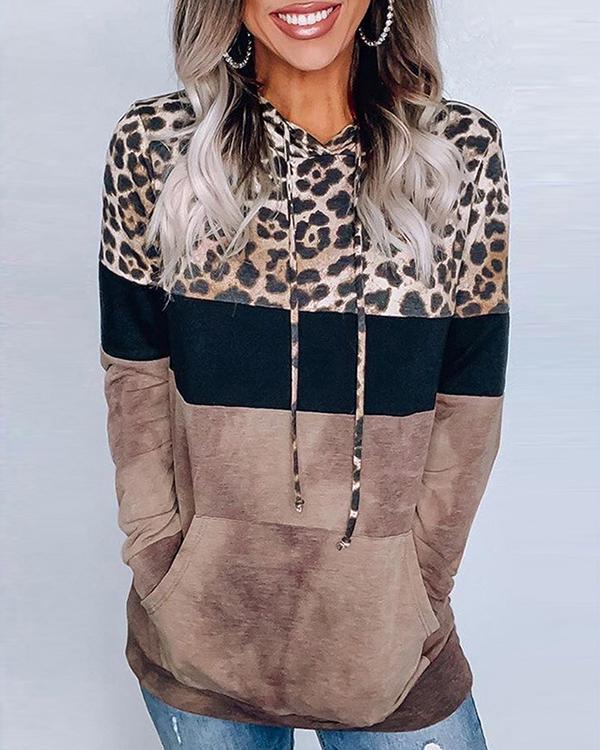 Long Sleeve Leopard Color Stitching Casual Hoodie Sweatshirt