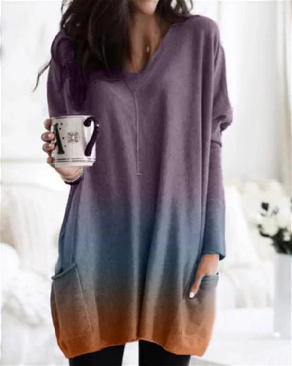 Oversized Gradient V Neck Fall Fashion Casual Daily Women Blouse