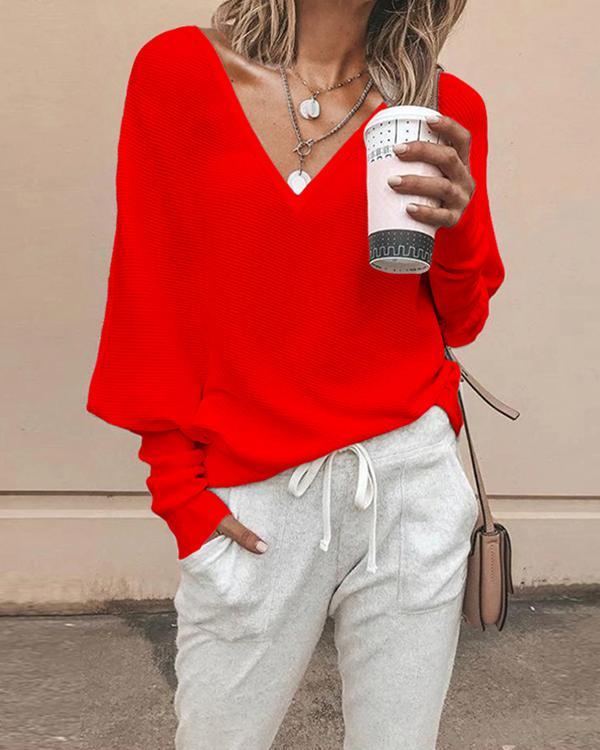 Women Casual V Neck Solid Color Blouses Sweaters