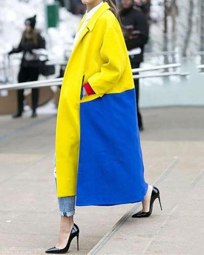 Fashion Lapel Color Blocking Plain Windproof Woolen Long Coat