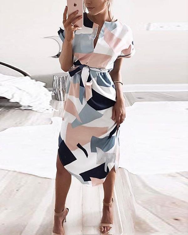 Casual Geometric Sashes Wrap X-line Dress