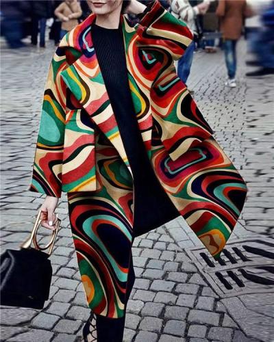 Fashion Turndown Collar Printed Color Long Sleeve Pocket Coat