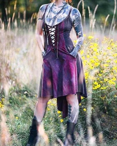 Women's Vintage Dyed Strap Irregular Hem Dress