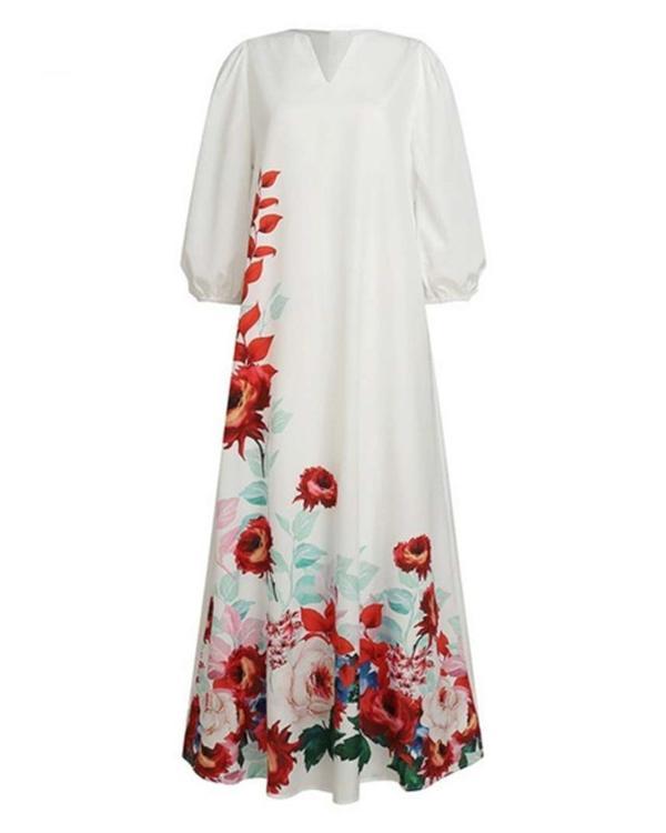 Fashion Women Casual Plus Size V-Neck Flower Print Half Sleeve Loose Maxi Dress