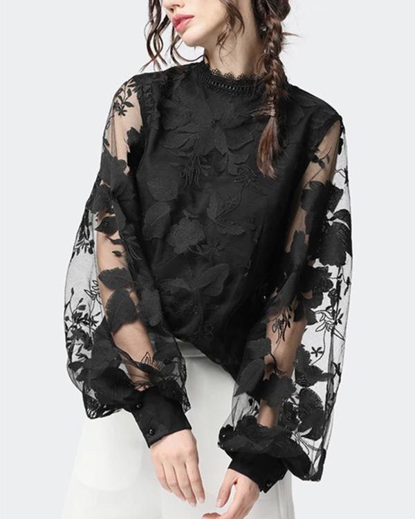 Lace Puff Sleeve Transparent Round Neck Shirt