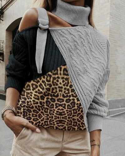 2019 Fashion Leopard Print High Neck Splicing Sweater