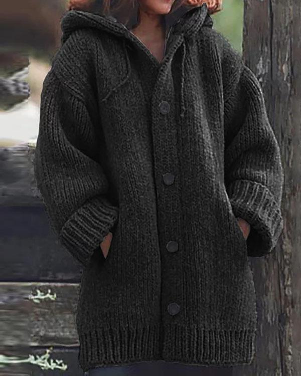 Button Down Hooded Knitted Cardigan Plus Size Outerwear