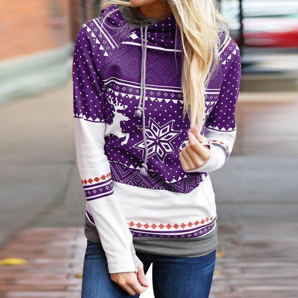 Women's Christmas Deer Print Long Sleeve Hooded Sweatshirt