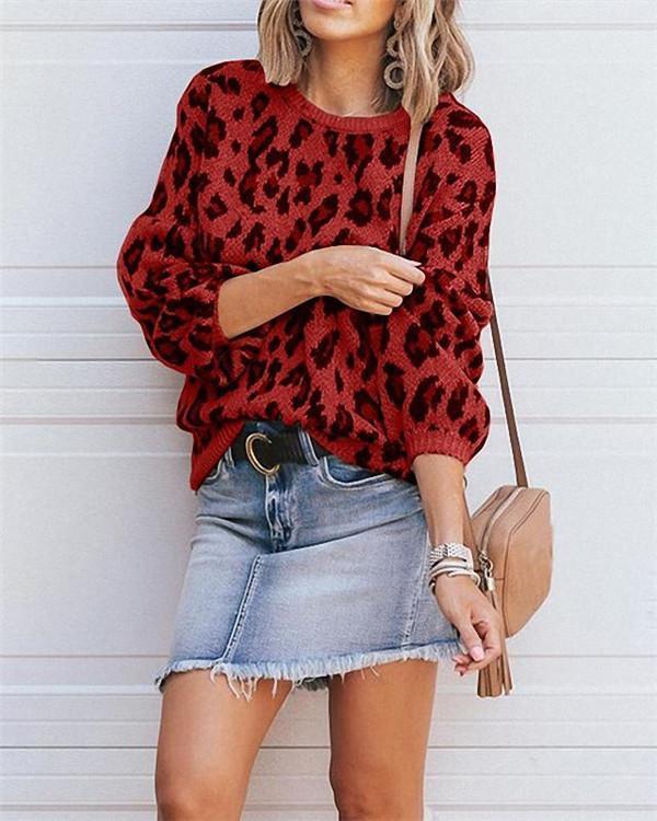 Leopard Knitwear Lantern Sleeve Stylish Fall Casual Daily Women Sweater
