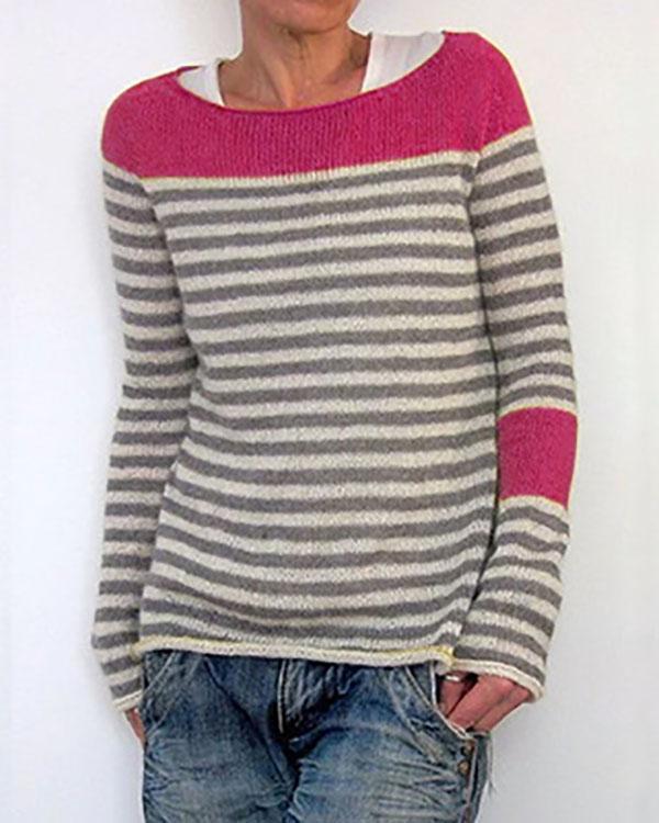 Striped Buttoned Color-block Knitted Tops Sweaters