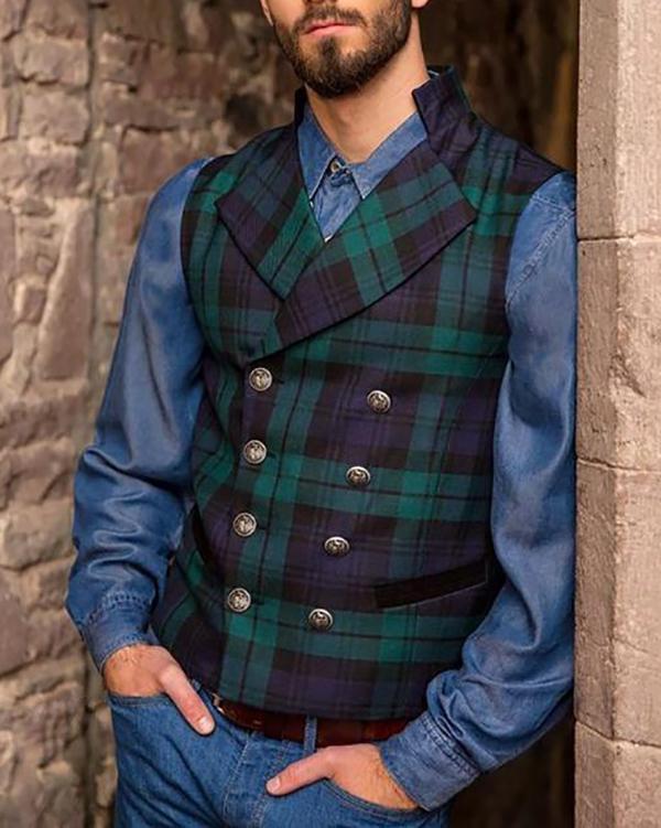Men's Casual Plaid Double-Breasted Vests Men Tops