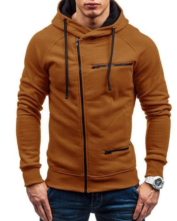 Men's Casual Sport Tilted Zipper Up Safe Zipper Pockets Drawstring Hooded Sweatshirts