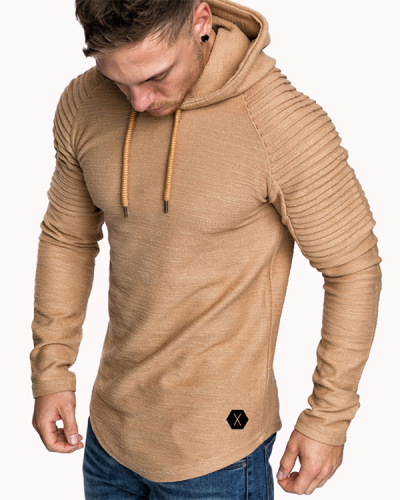 Mens Irregular Hem Hooded Striped Fold Raglan Sleeve O-neck Solid Color Casual Sweatshirt