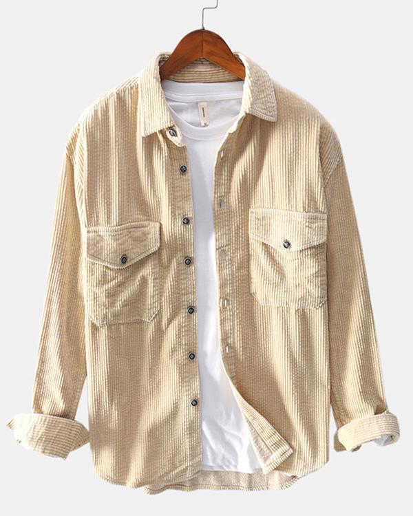 Mens Corduroy Solid Color Chest Pockets Turn Down Collar Long Sleeve Shirts