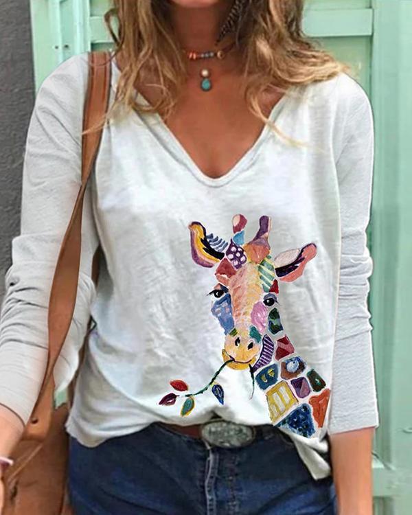 US$ 26.98 - Women Colorflul Animal Print V Neck Long Sleeve T-Shirts