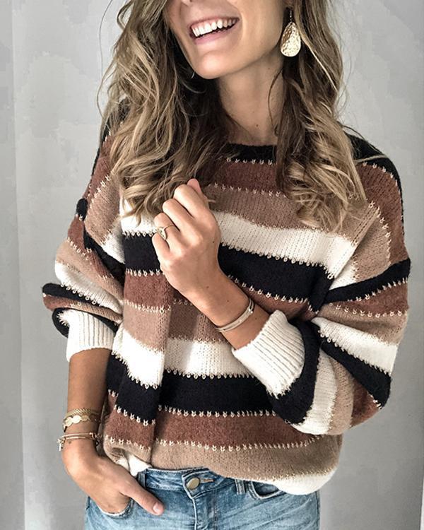 Women Striped Color-block Knitted Tops Sweaters
