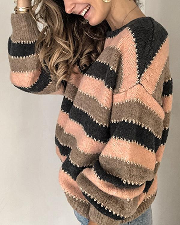 Women Striped Color-block Knitted Tops Sweaters