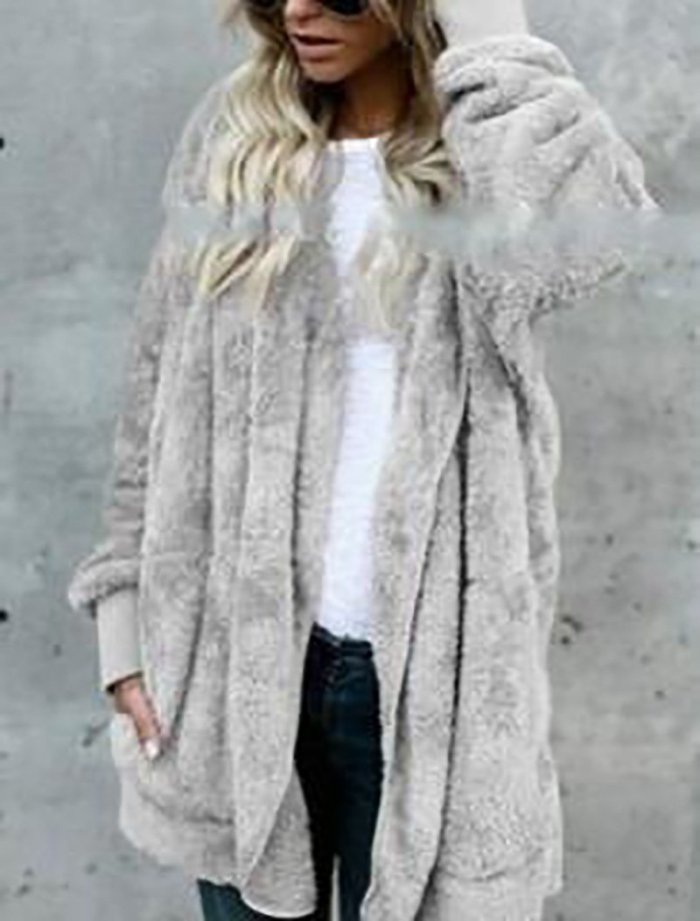 Solid Casual Long Sleeve Hoodie Faux Fur Velvet Pockets Coat